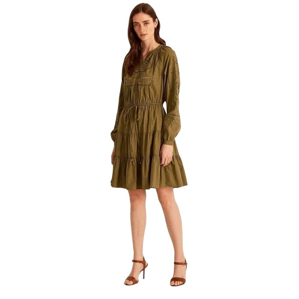 LAUREN Ralph Lauren Black Label Olive Green Cotton Embroidered Dress Sz 16